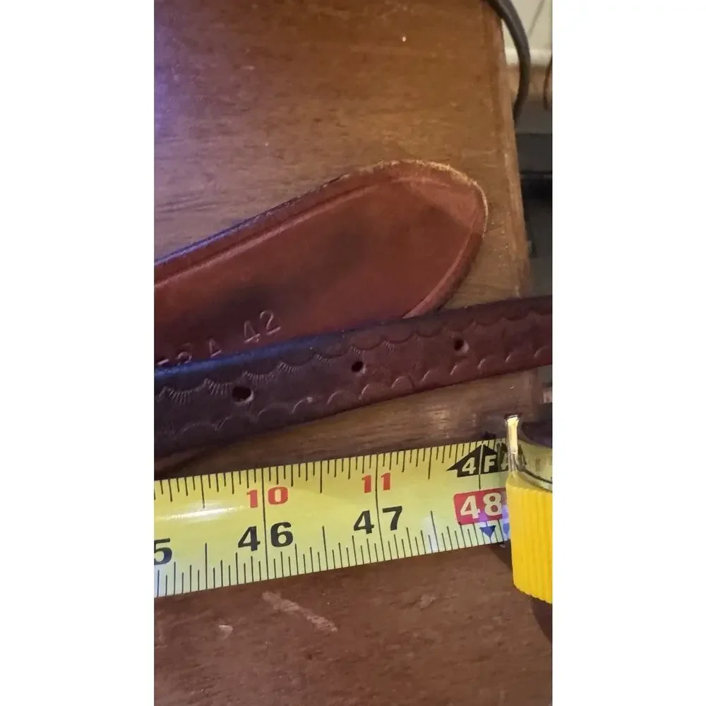 Vintage Cabela's Tooled Leather Ranger Belt Solid Brass Stamped 42 Measures 46